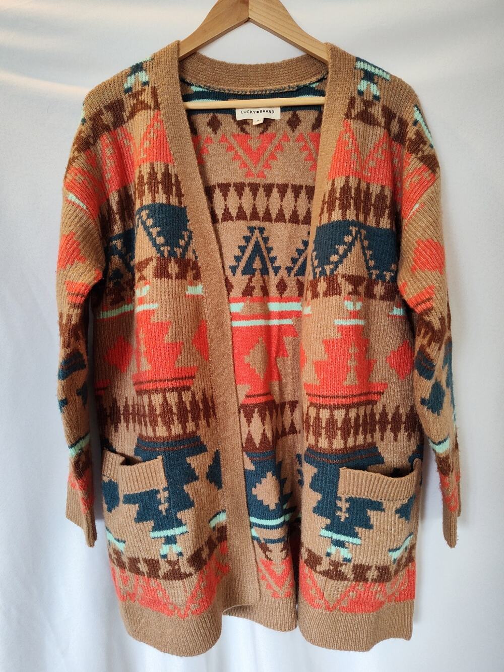 Lucky Brand Southwestern Aztec Geometric Open Front Cardigan Sweater Medium M